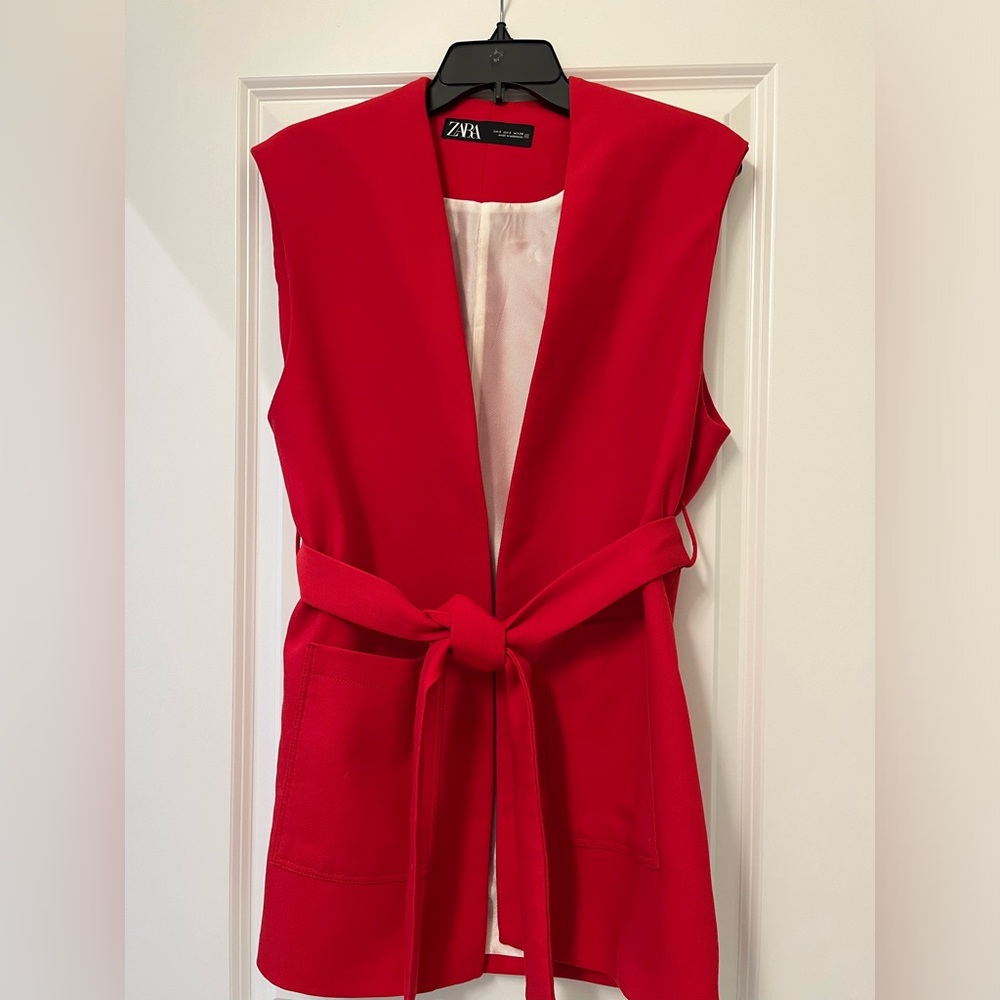 Red Zara belted vest with pockets